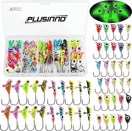 PLUSINNO Ice Fishing Jigs, Ice Fishing Lures, Glow in The Dark Jig Heads, Crappie Jigs Heads for Ice Fishing Kit, 50pcs/30pcs Ice Fishing Gear with Tackle Box for Crappie Panfish Walleye Perch