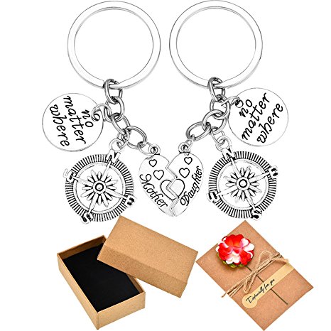 TecUnite 2 Pieces Mother Daughter Key Chain Set No Matter Where Split Heart Compass Keychain Mother's Day Gift with Greeting Cards