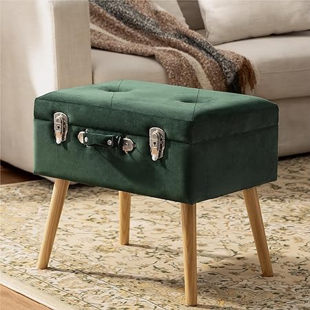 glitzhome Velvet Storage Foot Stool Ottoman Vanity Footrest Stool Seat Modern Upholstered Ottoman Dressing Footstool with Button Tufted Seat Wood Legs Decorative Accent Furniture, Dark Green