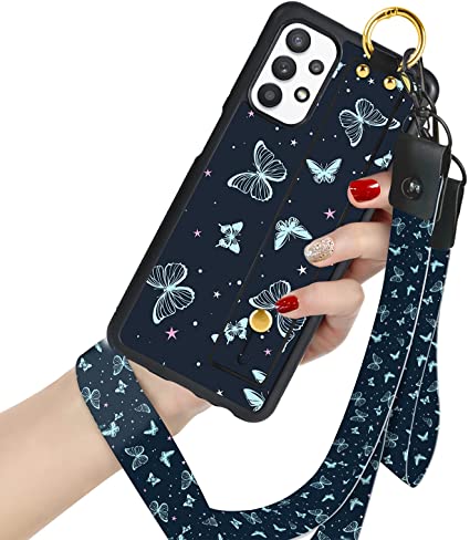 Samsung Galaxy A32 5G Phone Case Wrist Strap Kickstand Butterflies Stars Design with Lanyard for Women Girls,Anti-Slip Design Shock Absorb Protective Case for Samsung Galaxy A32 5G 6.5 Inch 2021