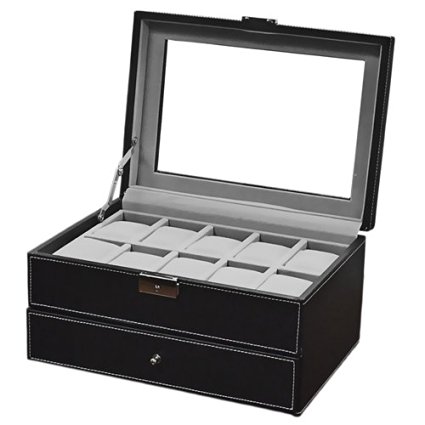 Best Choice Products Watch Box Large 20 Mens Black Leather Display Glass Top Jewelry Case Organizer, Black