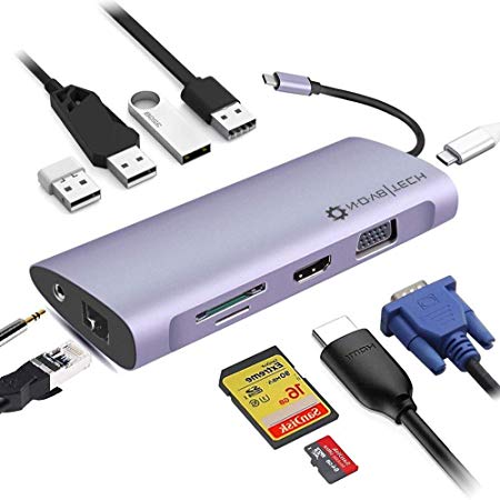 NOV8Tech 11-in-1 Aluminum USB-C Hub Ethernet Port, 3.5 mm Audio, SD/TF Card. USB 2.0, 3 USB 3.0. HDMI, VGA & 100W PD USB C 3.1 for USB C Apple MacBook Pro Air, Dell, HP, Chromebook, Nintendo Switch