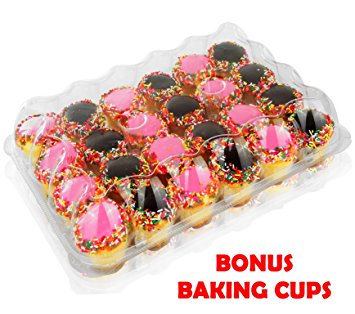 5 - 24 Compartment Clear High Dome Cupcake Containers Boxes with baking cup liners - Great for high topping - 5 boxes 24 slot each - Plus White standard size baking cups