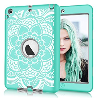 iPad mini 3 / 2 / 1 Case, Hocase Double Layer Rugged Hard Rubber Protective Case Cover for Apple iPad mini 1 / 2 / 3 - Aqua Flower / Grey