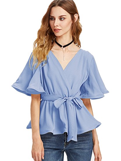 OEUVRE Womens Flare Sleeve V Neck Tie Waist Ruched Casual Shirt