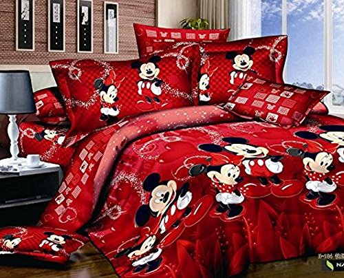 Norson Mickey and Minnie Mouse King Queen Adults Cartoon Bedding Set Cotton Bed Sheet Linens Doona Duvet Cover/comforter Cover Sets (Red, Queen)