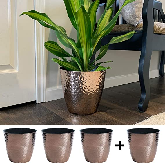 4-Pack 12-in. Round Metallic Hammered Plastic Flower Pot Garden Potted Planter for Indoors or Outdoors, Copper