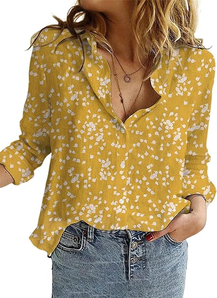 Dokotoo Women's Casual V Neck Alicia Floral Print Roll Up Long Sleeve Chiffon Button Down Blouses Bohemian Top Shirts