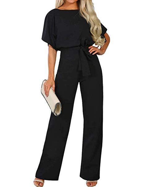 ALAIX Women's Casual Short Sleeve Jumpsuit Loose Wide Leg Long Pants Rompers with Waistband