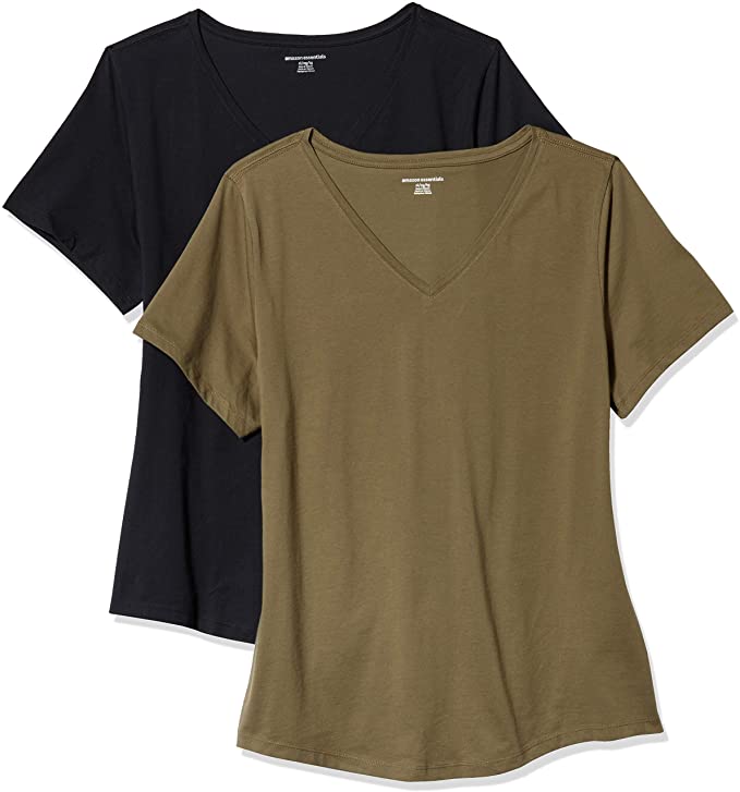 Amazon Essentials Women's 2-Pack Classic-Fit 100% Cotton Short-Sleeve V-Neck T-Shirt