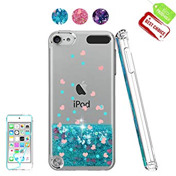 iPod Touch 6 Case, iPod Touch 5 Case with HD Screen Protector For Girls,Atump[Love Heart Series] Liquid Glitter Bling Sparkly TPU Clear Phone Cover for Apple iPod Touch 6th/5th Generation Blue