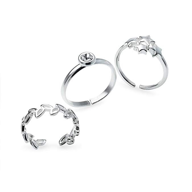 Sterling Silver Assorted Adjustable Toe Rings Jewelry Set of 3 Rings