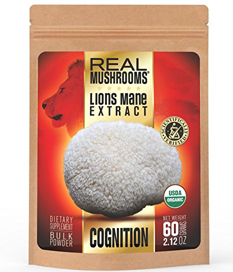 Lions Mane Mushroom Extract Powder by Real Mushrooms - Certified Organic - 60g Bulk Lion's Mane Mushroom Powder - Perfect for Shakes, Smoothies, Coffee and Tea