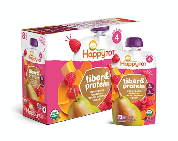 Happy Family Happy Tot Organic Fiber & Protein Pouch Stage 4 Pears Raspberries Butternut Squash & Carrots, 4 Ounce Pouch (8 Pack)