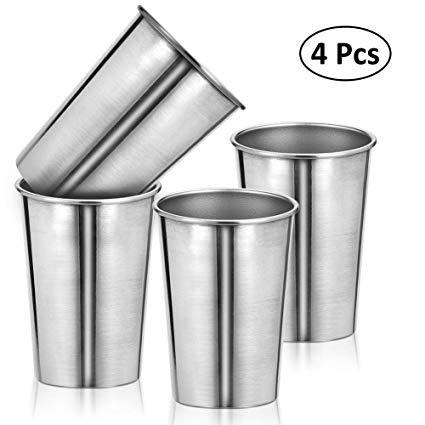 Stainless Steel Cups 12 Ounce, Hatterproof Pint Drinking Cups, Metal Drinking Glasses, Unbreakable, Stackable, Brushed Metal Drinking Glasses, Great for Kids and Adults(4 Pack)