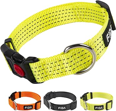 Fida Reflective Dog Collar, Nylon Dog Collars with Neon Colors for Small/Medium/Large Dogs, High Visibility Dog Collars with Safety Locking Buckle(Large, Neon Yellow)