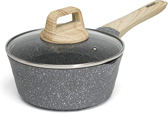 Ecolution Farmhouse Cast Aluminum, Durable Nonstick Coating, Even Heating, Dishwasher Safe, Soft Touch Handle, 1.6-Quart Sauce Pan, Gray Speckle