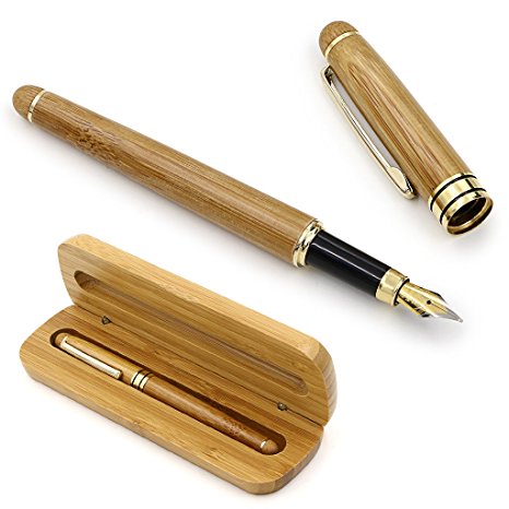 Hipiwe Medium Nib Fountain Pen Natural Bamboo Writing Pen with Converter and Case, Gift Boxed (Bamboo)