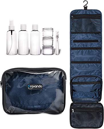 TRAVANDO ® Hanging Toiletry Bag "FLEXI"   7 Containers for Liquids - Travel Set for Men and Women - Kit for Cosmetics, Makeup - Organiser Suitcase Roll Wash - Polyester