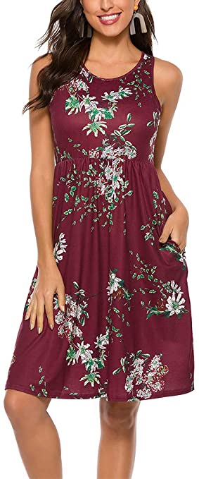 OURS Womens Summer Sleeveless Floral Print Racerback Midi Dresses with Pocket