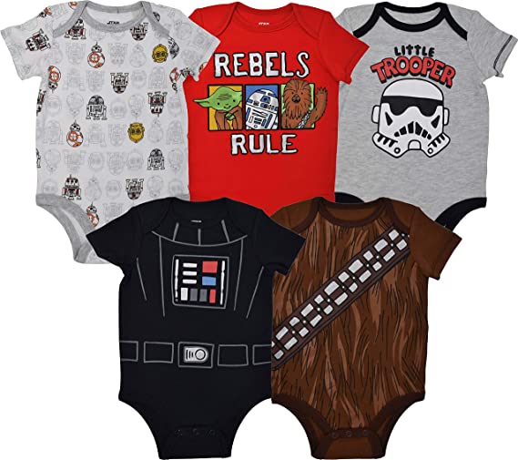 Star Wars Chewbacca C-3PO R2-D2 Darth Vader Yoda 5 Pack Short Sleeve Bodysuits Newborn to Infant