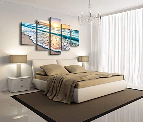 Cao Gen Decor Art-S58810 5 Panels Blue Beach Sunrise White Wave Pictures Painting on Canvas Wall Art Stretched and Framed Seascape Giclee Canvas Prints for Home Office Decorations X Large Artwork