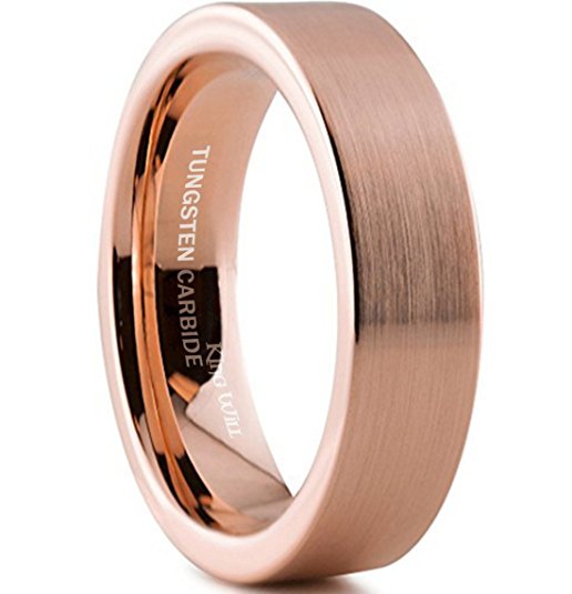 King Will Tungsten Carbide Wedding Band Ring 6mm 18K Rose Gold Plated Pipe Cut Brush Polish Finish