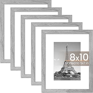 upsimples 8x10 Picture Frame Set of 5, Display Pictures 5x7 with Mat or 8x10 Without Mat, Wall Gallery Photo Frames, Gray