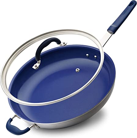 14" Fry Pan With Lid - Extra Large Skillet Nonstick Frying Pan with Silicone Handle, Ceramic Coating, Blue Silicone Handle, Stain-Resistant And Easy To Clean, Professional Home Cookware