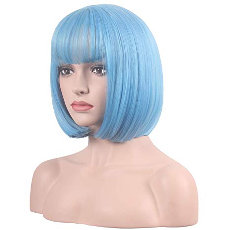 wildcos Short 14 Inches Straight Synthetic Cosplay Wig for Women (light blue)