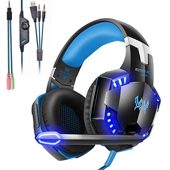 Mengshen Gaming Headset - with Mic, Volume Control and Cool LED Lights - Compatible with PC, Laptop, Smartphone, PS4 and Xbox One Controller, G2000 Blue