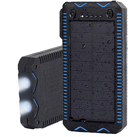TRONOE Solar Charger,12000mAh Portable Charging Case External Backup Battery Pack Dual USB Solar Phone Charger 2LED Light Carabiner Your Smartphones More (Blue)