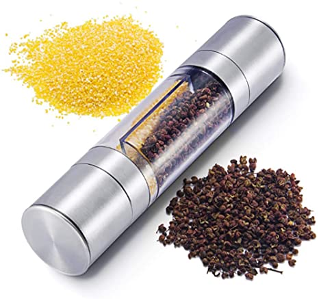 Manual Salt Pepper Grinder Stainless Steel Mill 2 in 1 Kitchen Barbecue Restaurant Accessories Spices (407-Silver)