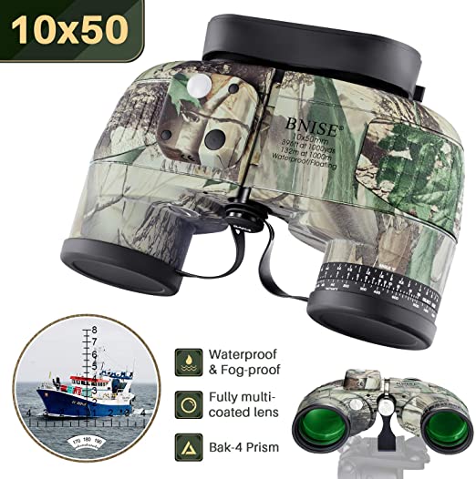 BNISE Binoculars 10x50 Large Object Lens BAK4 Large View, for Long Distance Compact Binoculars for Adults with Rangefinder Compass, for Birdwatching, Hunting, with Harness Strap and Neck Strap