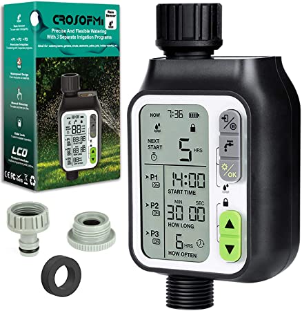 CROSOFMI Sprinkler Timer with 3 Separate Watering Programs and Rain Auto Sensor Function,Garden Lawn Hose Faucet Water Timer Irrigation System Controller/Child Lock/Rain Barrel/3.5' HD Screen