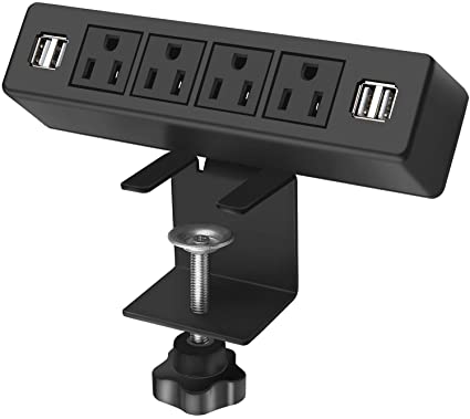 Desk Edge Power Strip with 4 USB Port Removable Clamp Power Outlet Socket with USB 9.85 ft Extension Cord Flat Plug Connect 4 Plugs for Home Office Reading