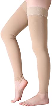 Thigh High Compression Stocking Footless - Pair, Thigh-Hi Leg Compression Sleeves Unisex, 20-30mmHg Gradient Compression with Silicone Band, Opaque, Best for Varicose Veins, Edema, Swelling, Beige XXL
