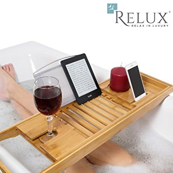Relux Premium 100% Natural Bamboo Bath Caddy Bridge – Extendable Luxury Book Rest, Wine Glass Holder, Device (Tablet, Kindle, iPad, Smart Phone) Tray for a Home-Spa Experience – Fits Most Bath Sizes