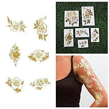 Tattify Metallic Floral Temporary Tattoos - A Rose by Any Other Name (Complete Set of 12 Tattoos - 2 Gold of each Style) - Individual Styles Available - Premium and Fashionable Temporary Tattoos