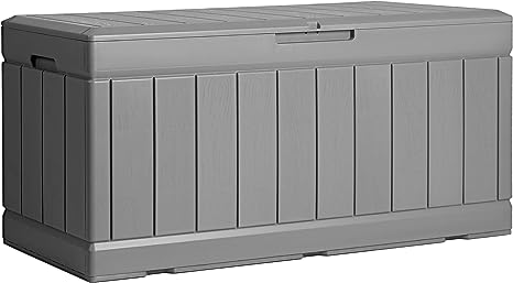 Flamaker Outdoor Storage Box 85 Gallon Resin Waterproof Deck Box with Wood Texture Large Storage Bin for Patio Cushions, Toys (Grey)