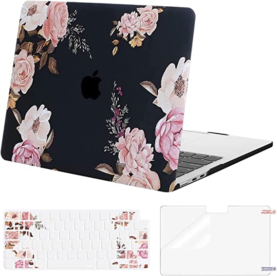 MOSISO Compatible with MacBook Air 13.6 inch Case 2022 2023 Release A2681 M2 Chip with Liquid Retina Display Touch ID, Plastic Peony Hard Shell Case & Keyboard Cover Skin & Screen Protector, Black