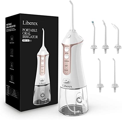 Cordless Water Flosser with 5 Jet Nozzles - Liberex IPX7 Waterproof Oral Irrigator 300ml Reservoir 3-Mode Dental Care Water Jet for Teeth/Braces, USB Rechargeable, for Family Travel Use, FDA Approved (White-1)