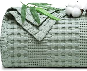 PHF Cooling Waffle Blanket Queen Size, Lightweight 60% Rayon Derived from Bamboo & 40% Cotton Breathable Blanket for Hot Sleepers, Soft and Luxury for Bed Couch and Sofa, 90"x90", Sage Green