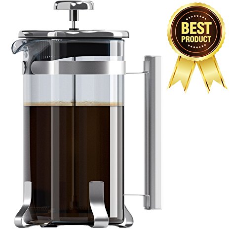 8 Cup French Press Coffee and Tea Maker- Borosilicate Glass Carafe- Stainless Steel Components- FDA Approved Manual Machine- Heat Resistant Handle- Dishwasher Safe- Best for Fast and Hot Brew (34oz)