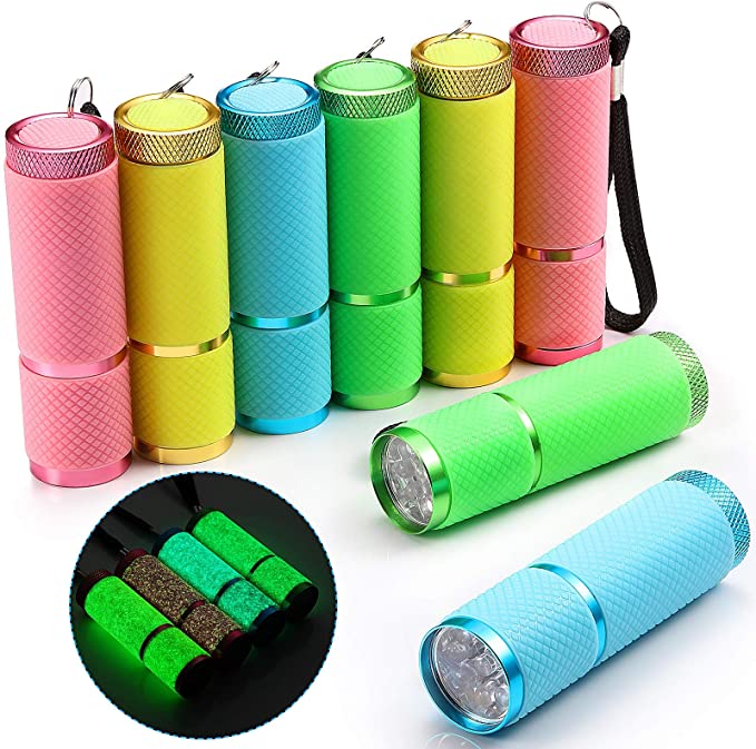 8 Pieces Glow in Dark Flashlights 9 LED Rubber Coated Flashlights with Handle Mini Torch LED Fluorescent Flashlight Aluminum Portable Handy Flashlight for Party Hiking Camping in 4 Colors