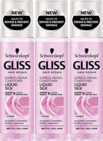 Schwarzkopf Gliss Liquid Silk Leave In Hair Conditioner Spray With Keratin 3 X 200Ml = 600 Ml