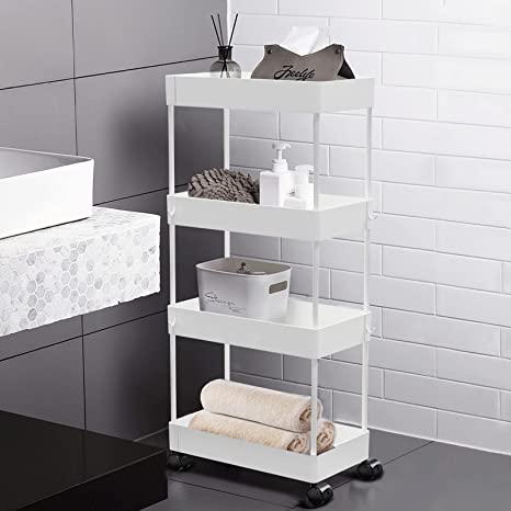 AOJIA 4 Tier Slide Out Storage Cart, Bathroom Storage Organizer Rolling Utility Cart, Bathroom Storage Cart with Wheels (White)