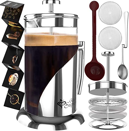 French Press Coffee & Tea Maker Complete Bundle | 8-Cups, 34 Oz | Best Coffee Press Pot with Stainless Steel & Heat Resistant Glass