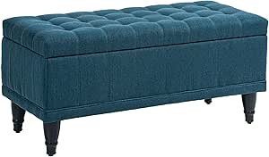 HOMCOM Storage Ottoman, Linen Fabric End of Bed Bench with Soft Close Lid, Button Tufted Storage Bench for Living Room, Entryway or Bedroom, Blue