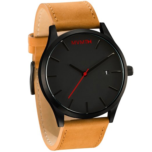 MVMT Watches Black Face with Tan Leather Strap Mens Watch